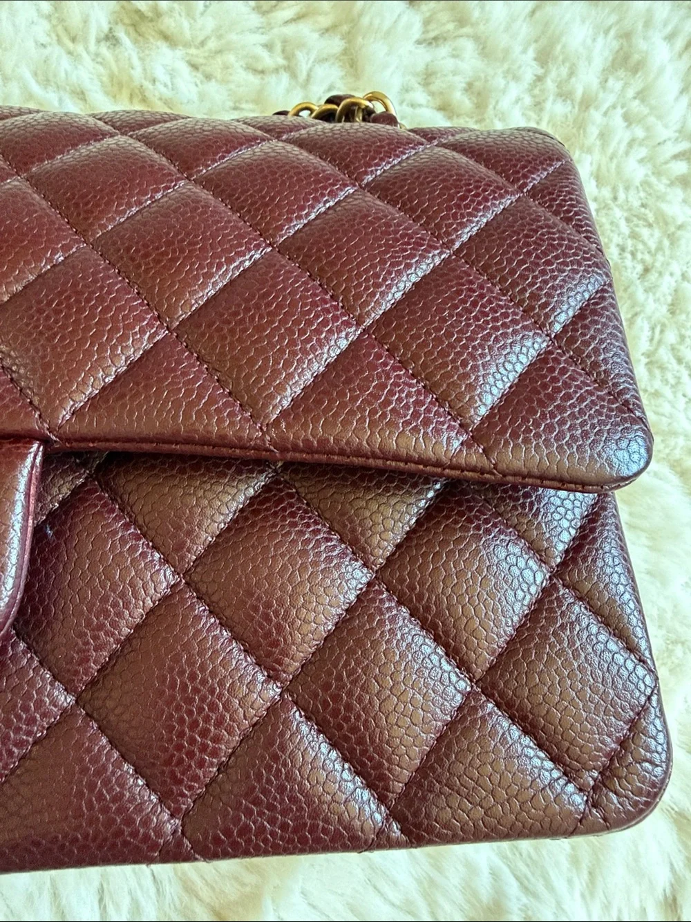 CHANEL Quilted Medium Caviar Bag in Burgundy with Brushed Gold Hardware